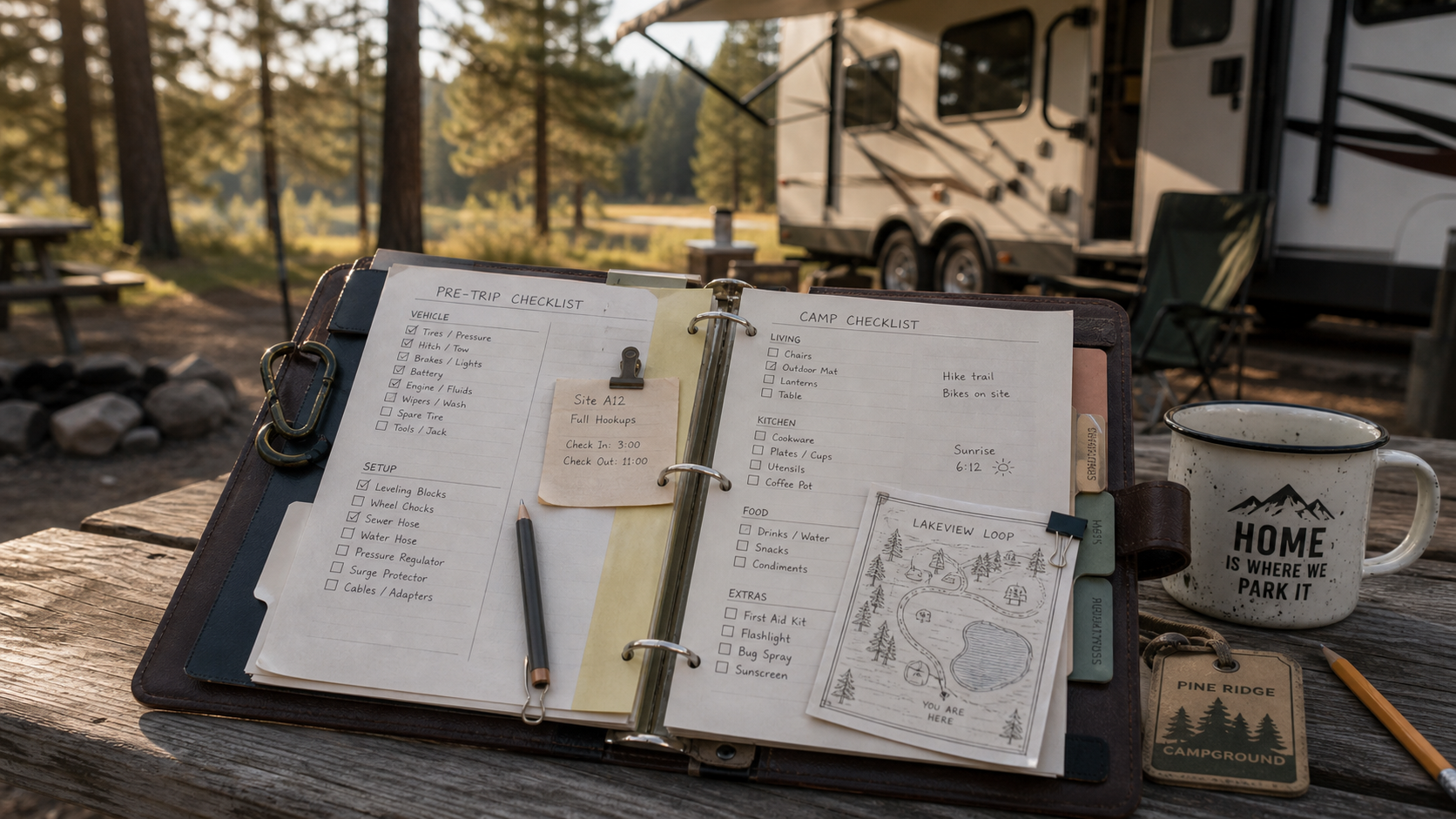 Open RV camping route binder on a picnic table at a campsite
